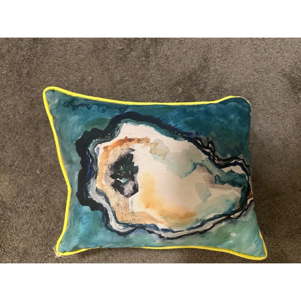 Betsy Drake Interiors Oyster Shell Outdoor Pillow Watercolor Coastal Yellow Blue
